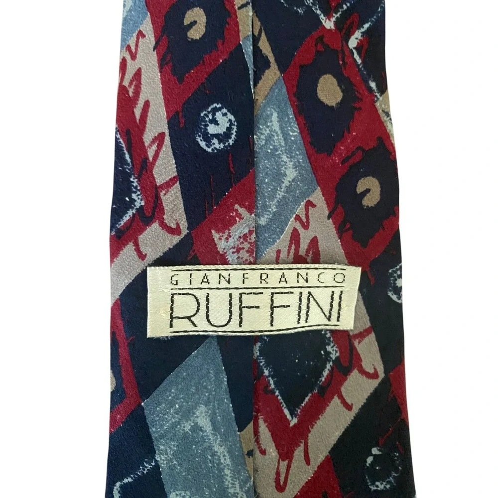 Gianfranco Ruffini Mens Silk Tie Geometric Abstract Navy Blue‎ Red Made in USA